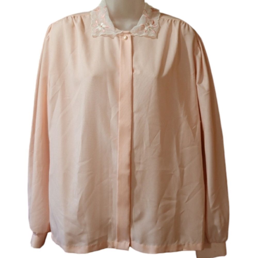 Ann Chabrol Light Pink Lace Collar Vintage Button Up Pearl Detail Shirt NOS 18